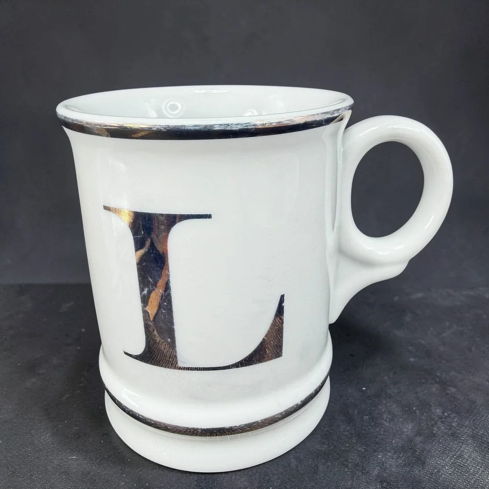 Williams Sonoma Initial‎ L Monogram Mug White Silver Metallic Trim Ceramic Cup